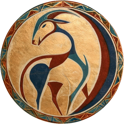 An illuminated medallion of a gazelle — the Pesach offering — in gold, indigo and pomegranate red